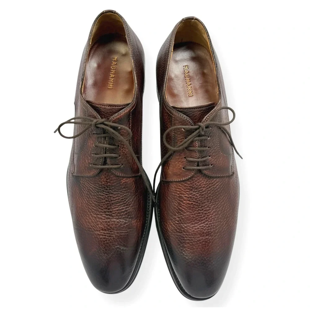 Magnanni Derby Shoes Melich III 12M $625 Brown Painted Grained Leather 23794